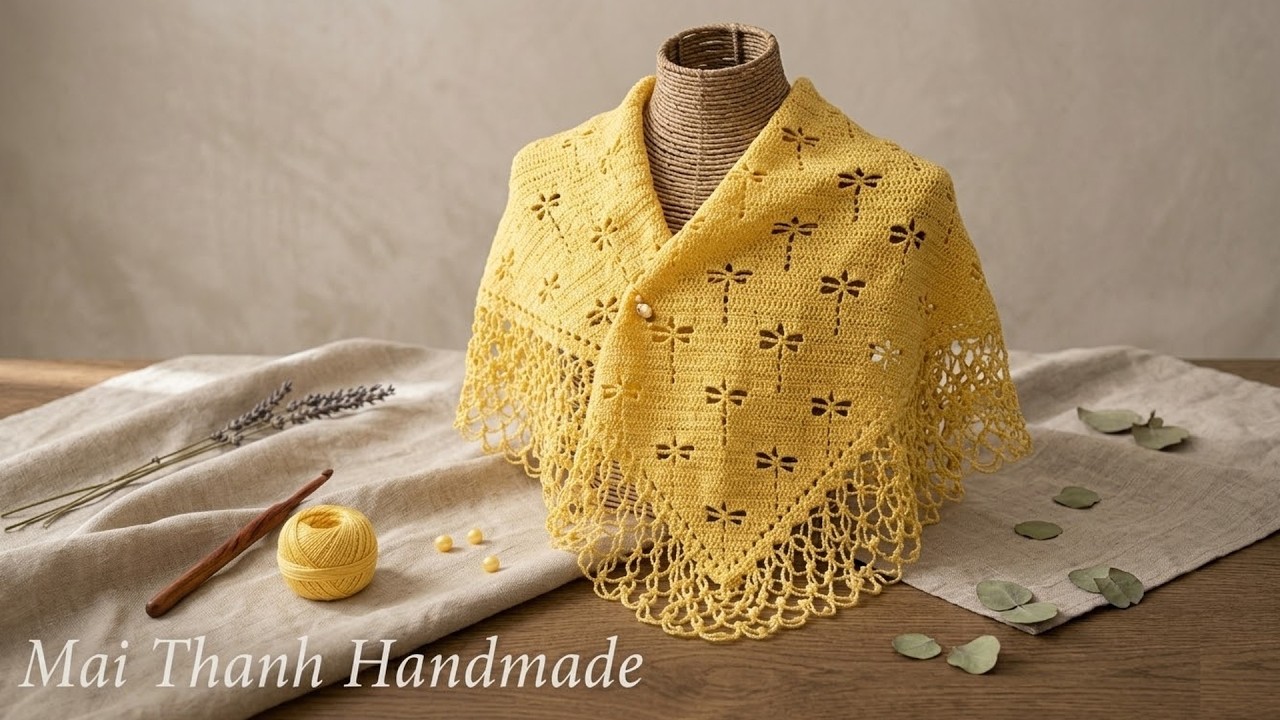 Crochet triangle scarf pattern (Eng sub) I móc khăn choàng cổ tam giác họa tiết con chuồn chuồn