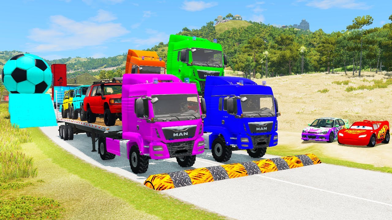 Flatbed Truck Mcqueen - Transportation with Truck - Pothole vs Car #39 BeamNG.Drive
