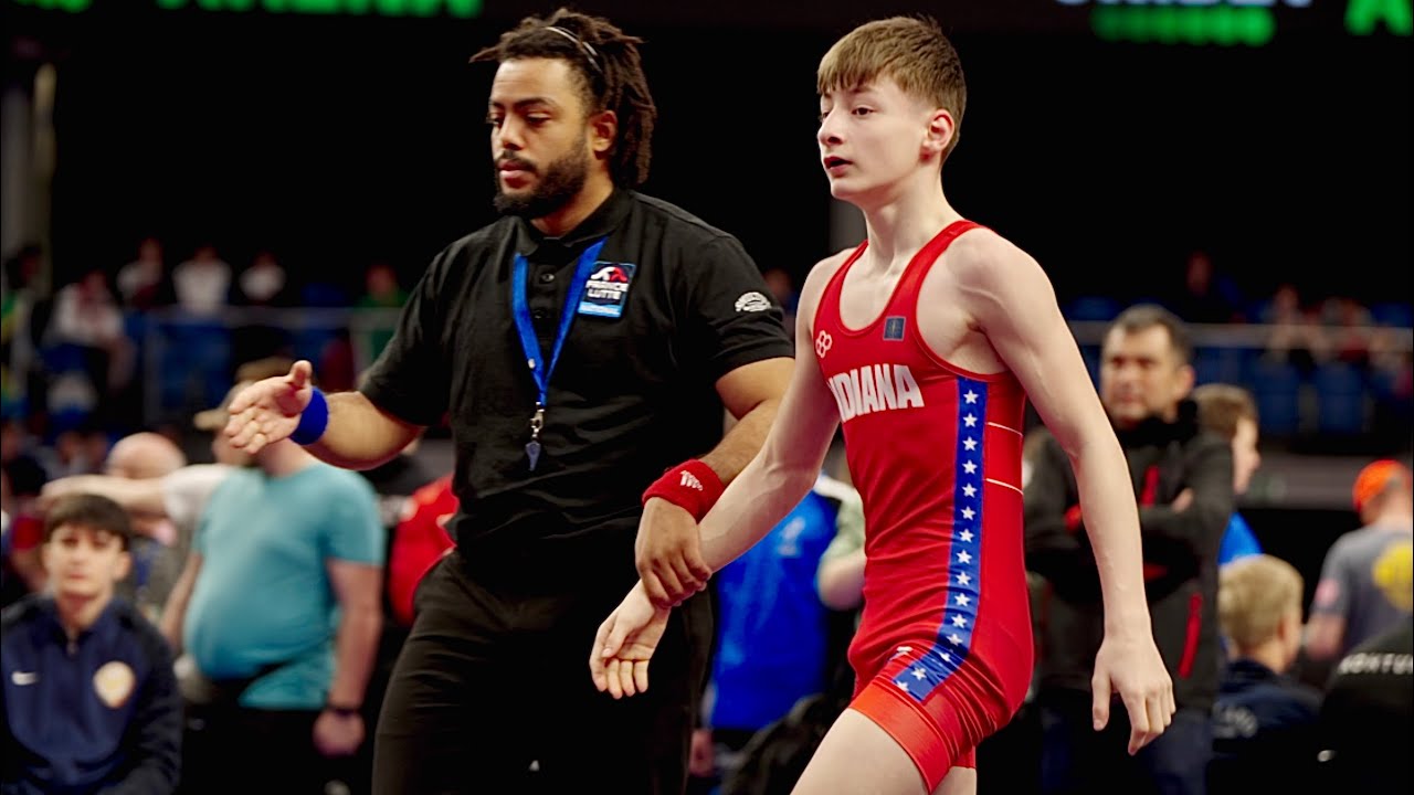 U15 David Bartel (GER) vs Oleh Sobachko (UKR) 57kg. Freestyle boys wrestling tournament.