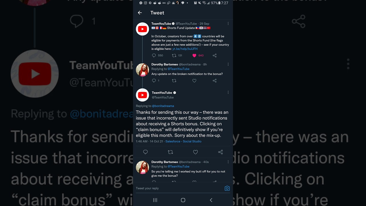 Reply from YouTube on Twitter about the Shorts Bonus not Working