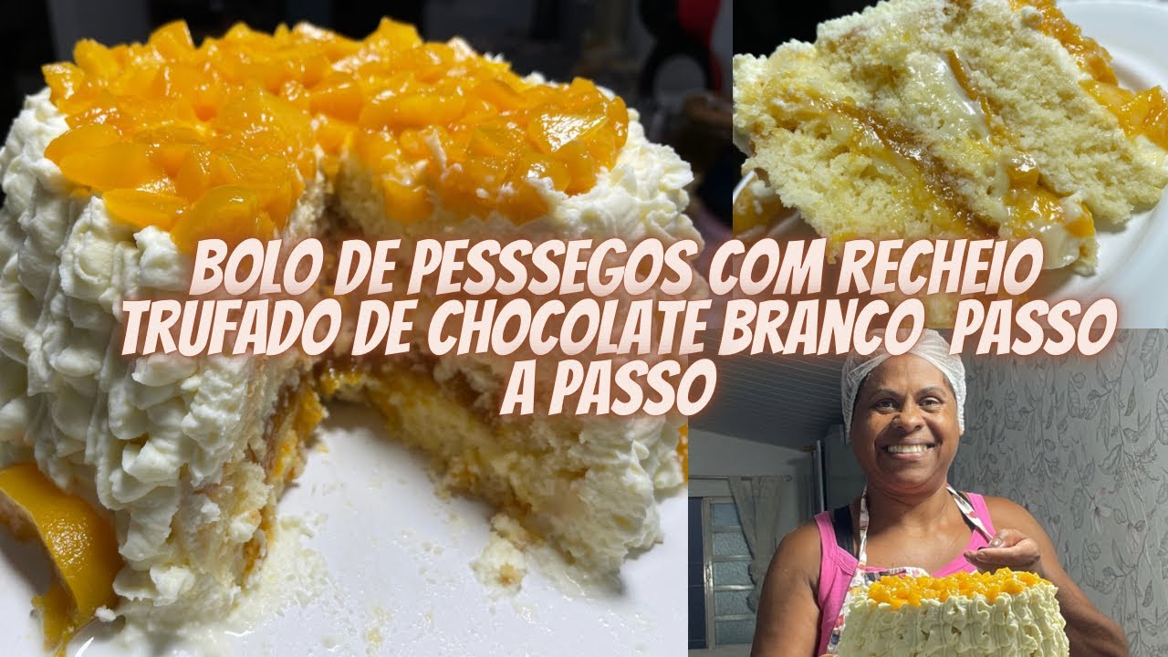 Bolo de pêssegos com  recheio trufado de chocolate branco e geleia de damasco !! Receita completa