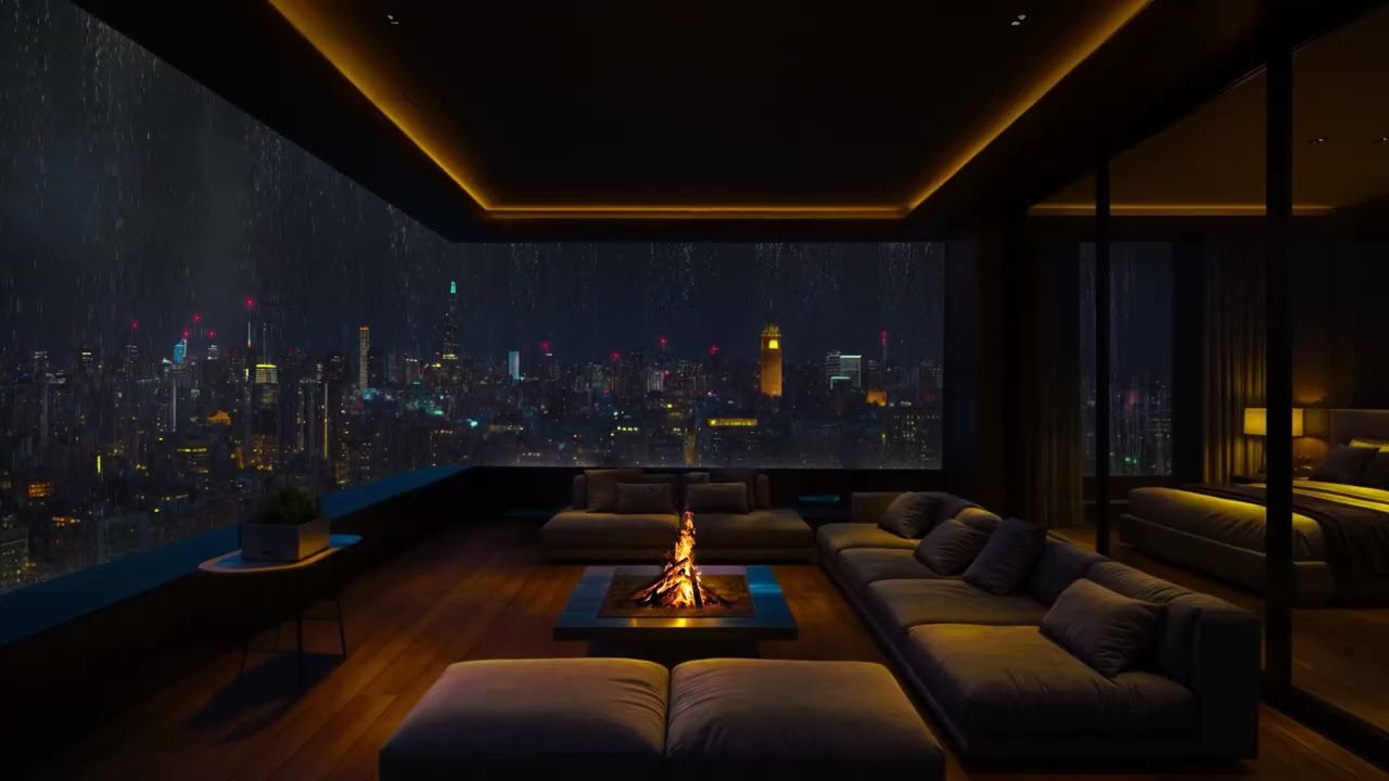 Escape to Luxury NYC Balcony | Heavy Rain Night Sounds and Warm Fireplace for Sleep Deeply