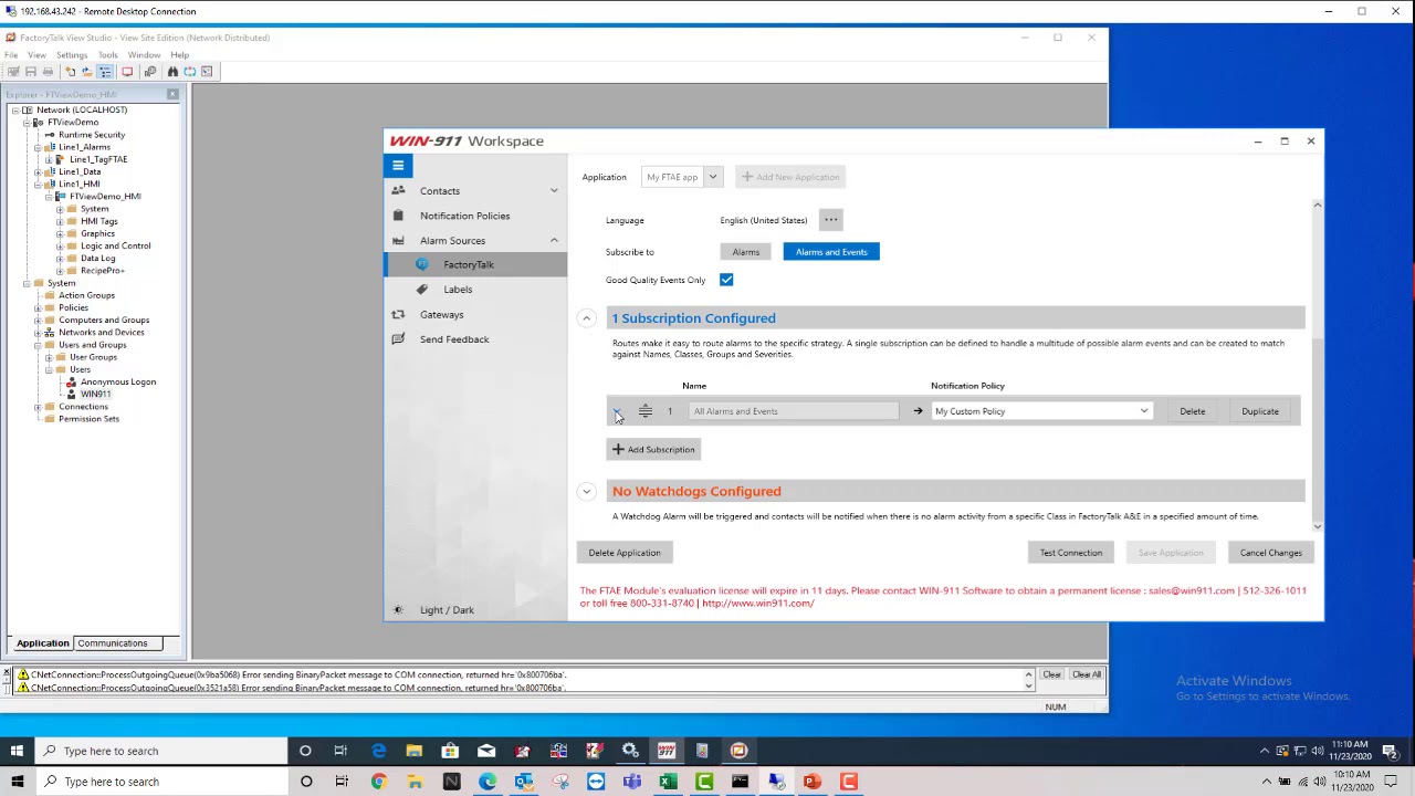 WIN-911 2021 FactoryTalk A&E Setup