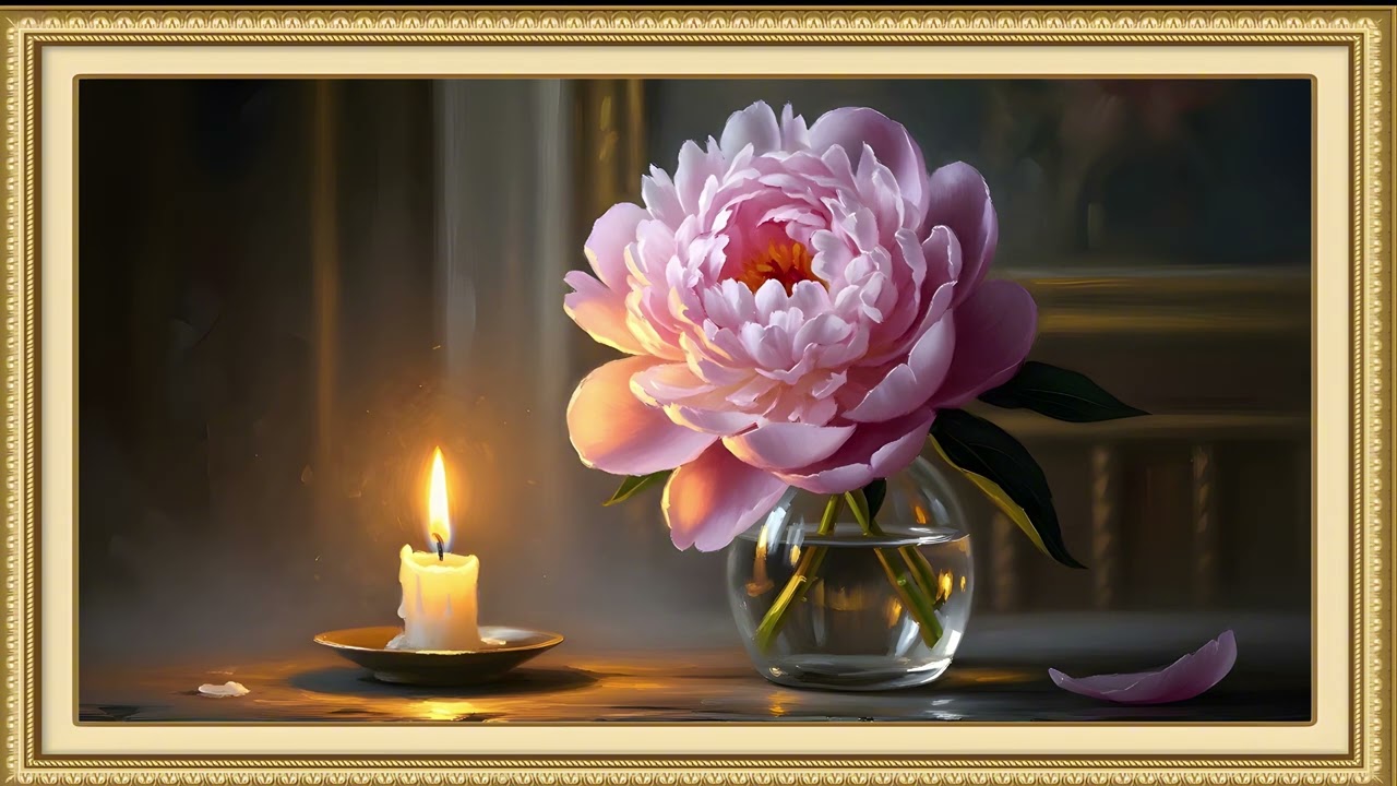 Cozy European Winter Floral Still Life | Pale Peony in Candlelight | Painterly Oil TV Art