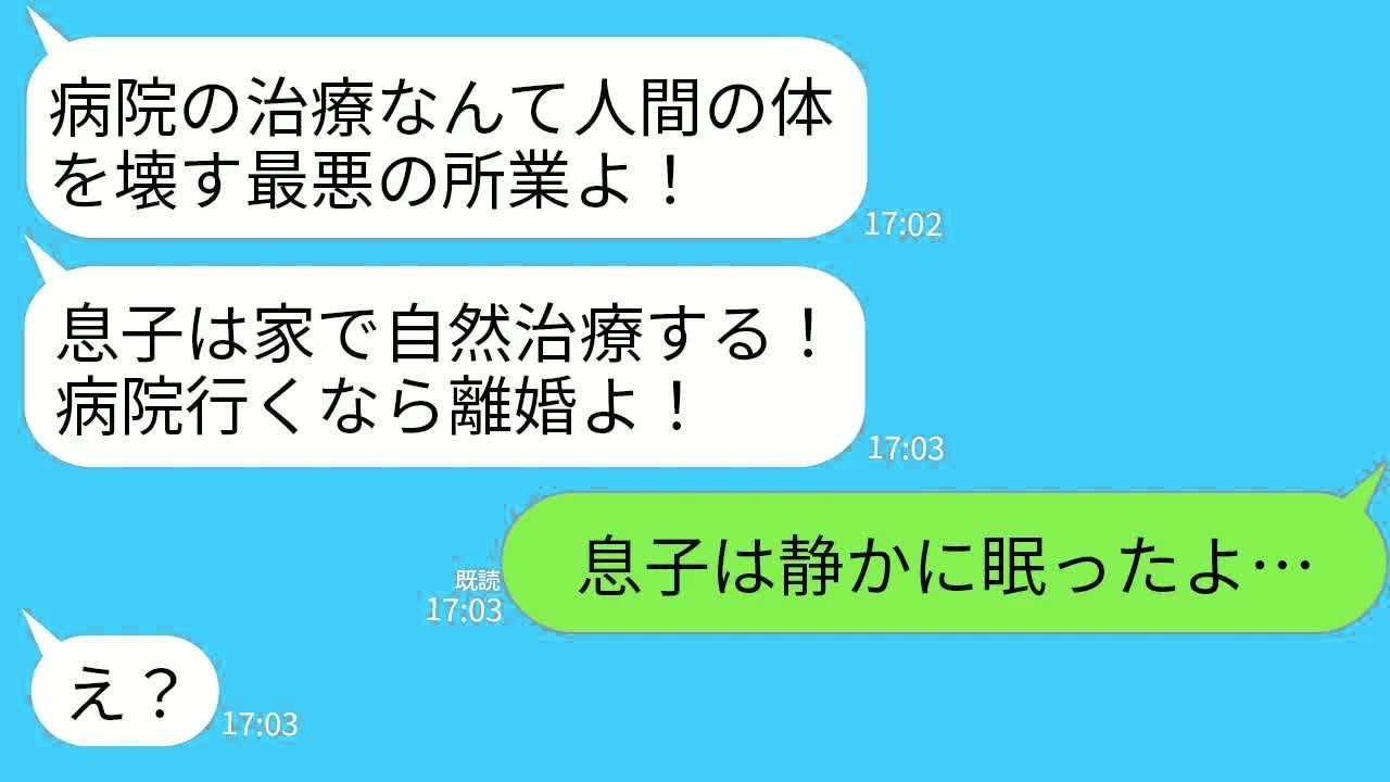 【LINE】科学医療を否定する行き過ぎた自然派の妻が高熱の息子の治療を拒否「病院連れてくなら離婚する」→妻がある事実を告げられて人生最大の後悔をすることに…w