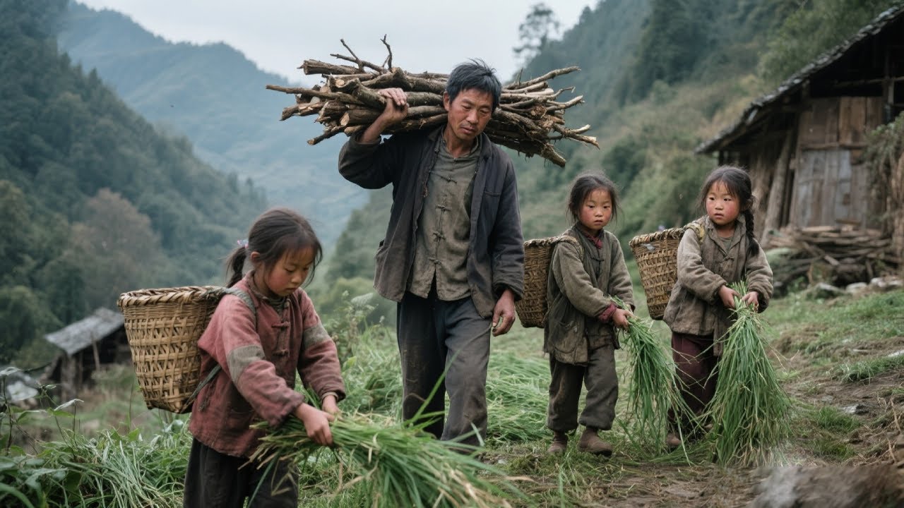 两个五岁小女孩刚洗完一整盆天麻，又立马动身去山上割草，只为分担家庭的压力