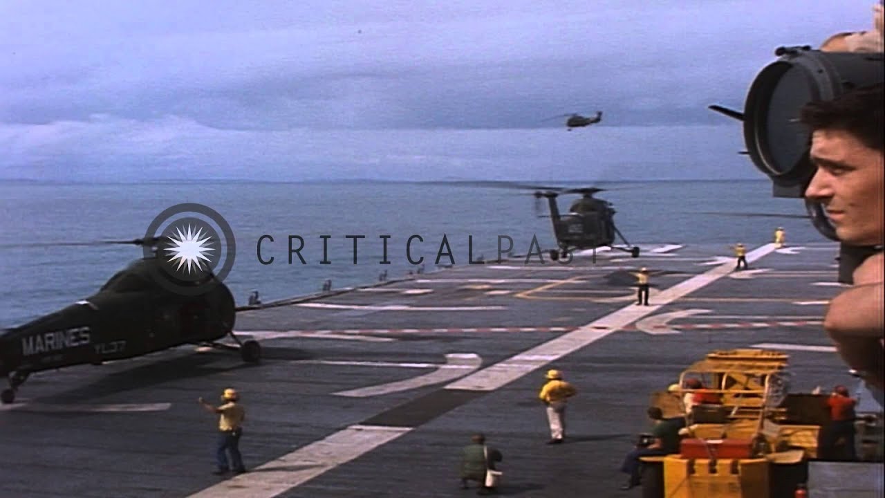 US UH-34D helicopter takes off from a US ship in Vietnam during Operation Double ...HD Stock Footage