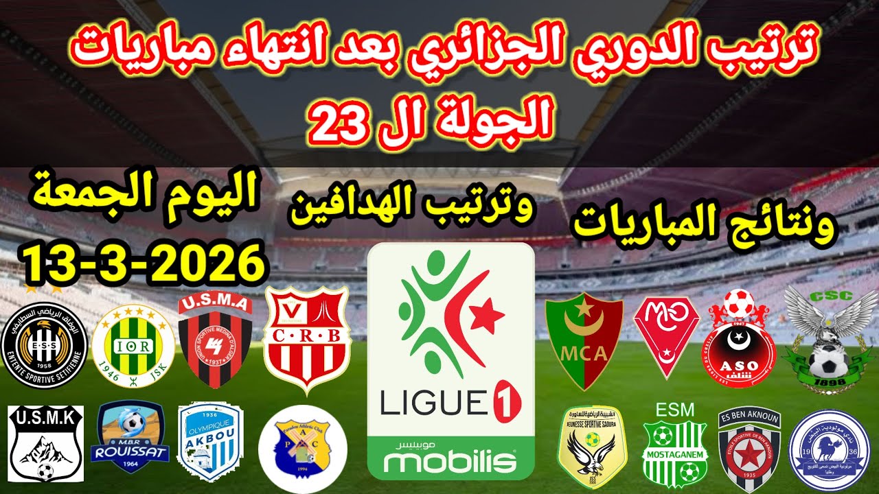 ترتيب الدوري الجزائري بعد انتهاء الجولة ال 23 اليوم الجمعة 13-3-2026 وترتيب الهدافين ونتائج المباريا
