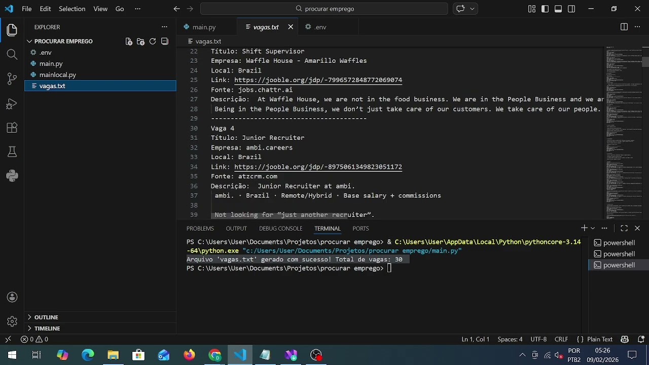 Chamando uma Api (Jooble) de vagas de emprego e retornando em um arquivo txt, através do VSCODE. 