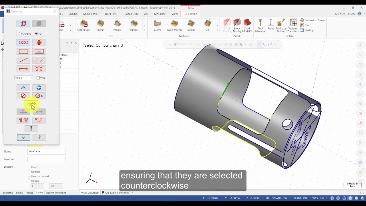 Mastercam 2018 Multiaxis Essentials Tutorial 4 - Contour with Axis Substitution (Captioned)