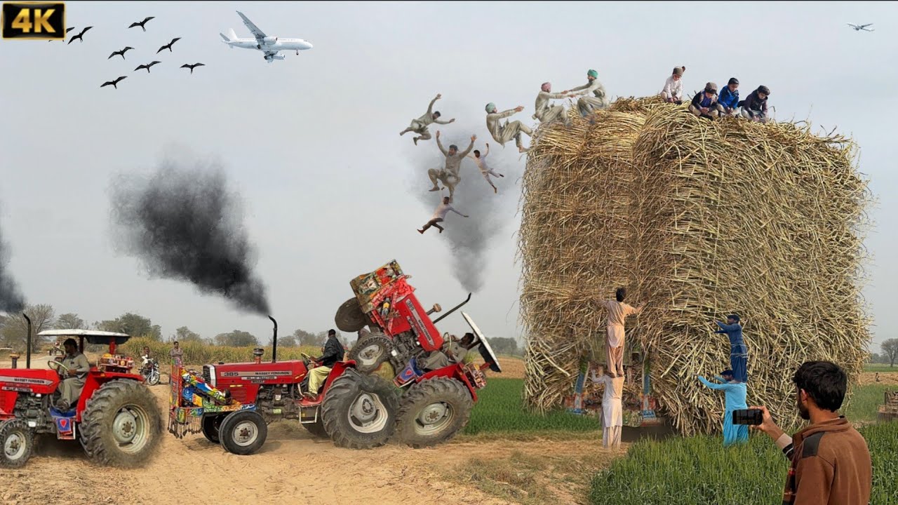 mf 385 tractor power stunts |  Massey Ferguson Tractors pulling load sugarcane trolley | 4k Ultra HD