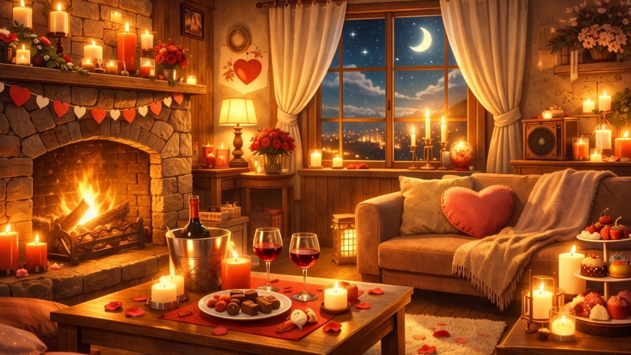 Valentine’s Day Date Night by the Fireplace | 1 Hour Love Songs Mix