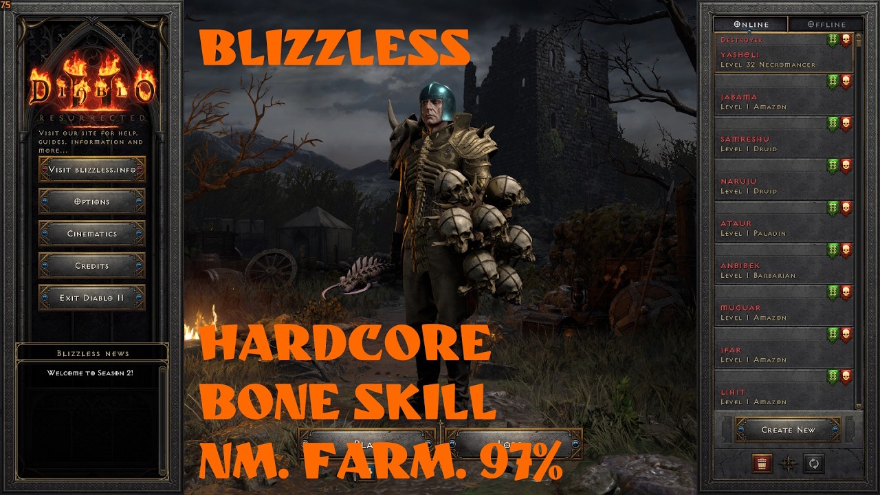 diablo 2: Resurrected. blizzless hardcore. bone skill. nm. farm. 97%