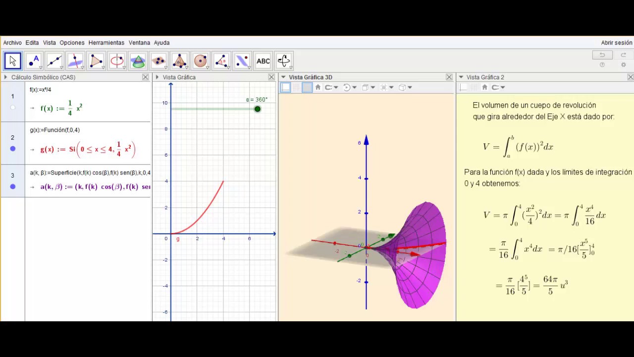 Volumen sólido de revolución con GeoGebra. Ejemplo 1.