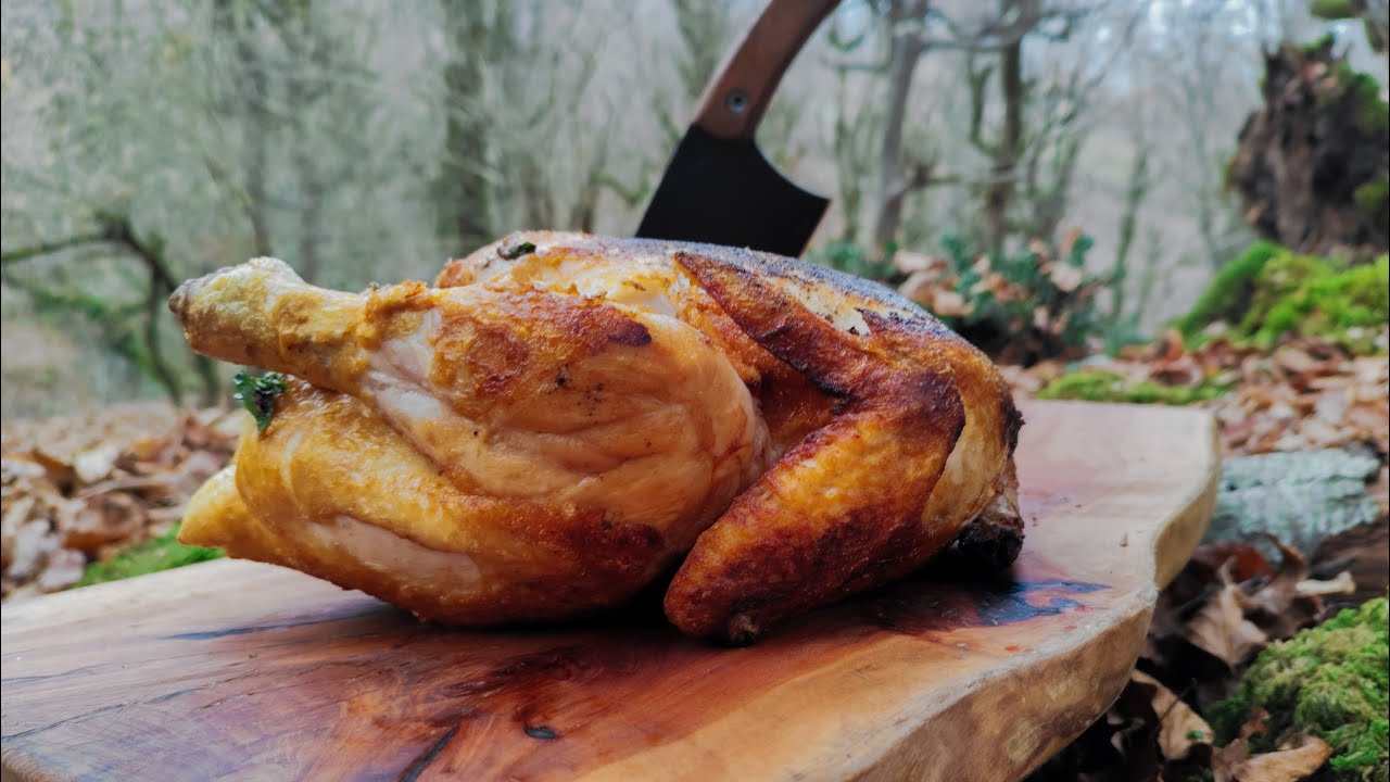 Cooking a Whole Stuffed Chicken on a Campfire | Wild Cooking in the Mountains