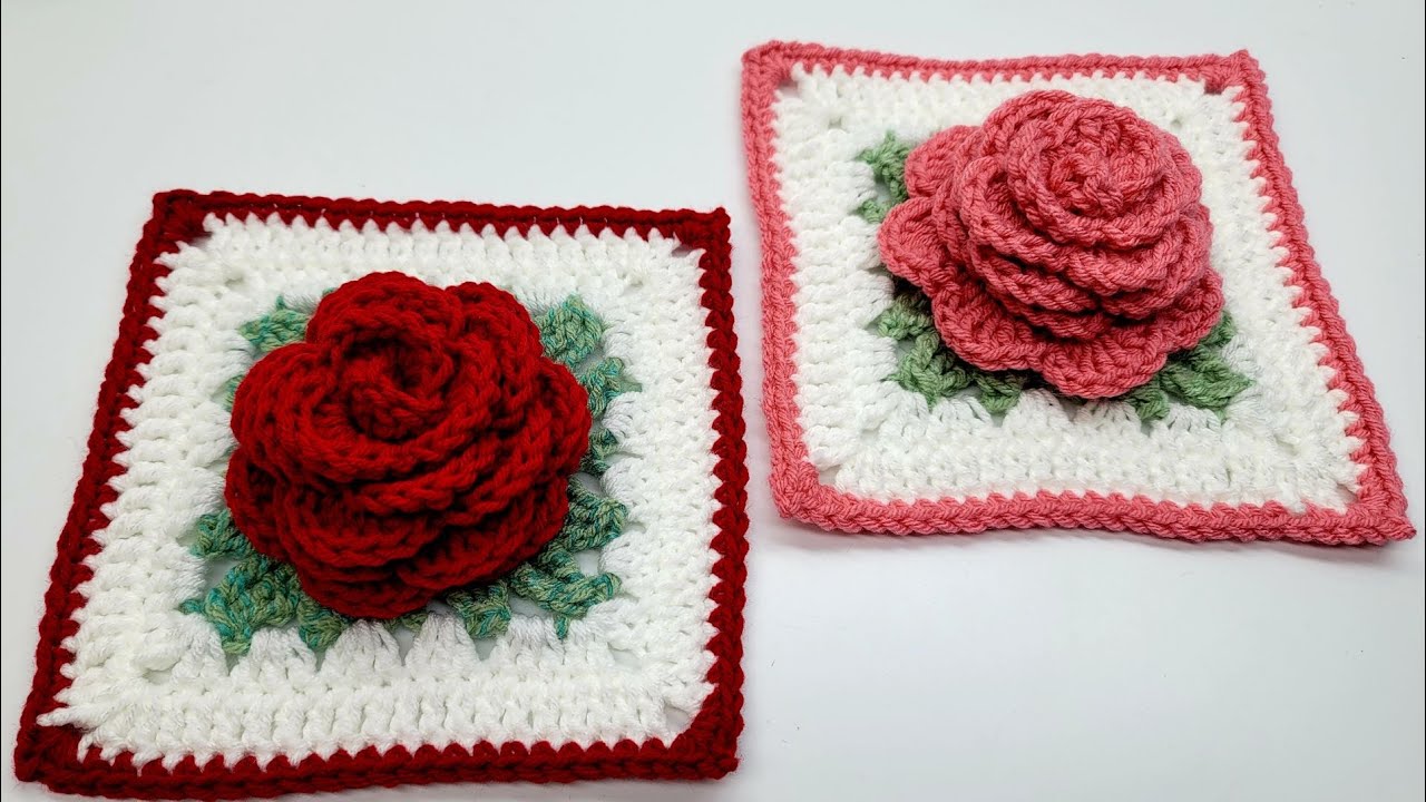 Crochet Rose Granny Square Tutorial - 3D Rose Square Motif