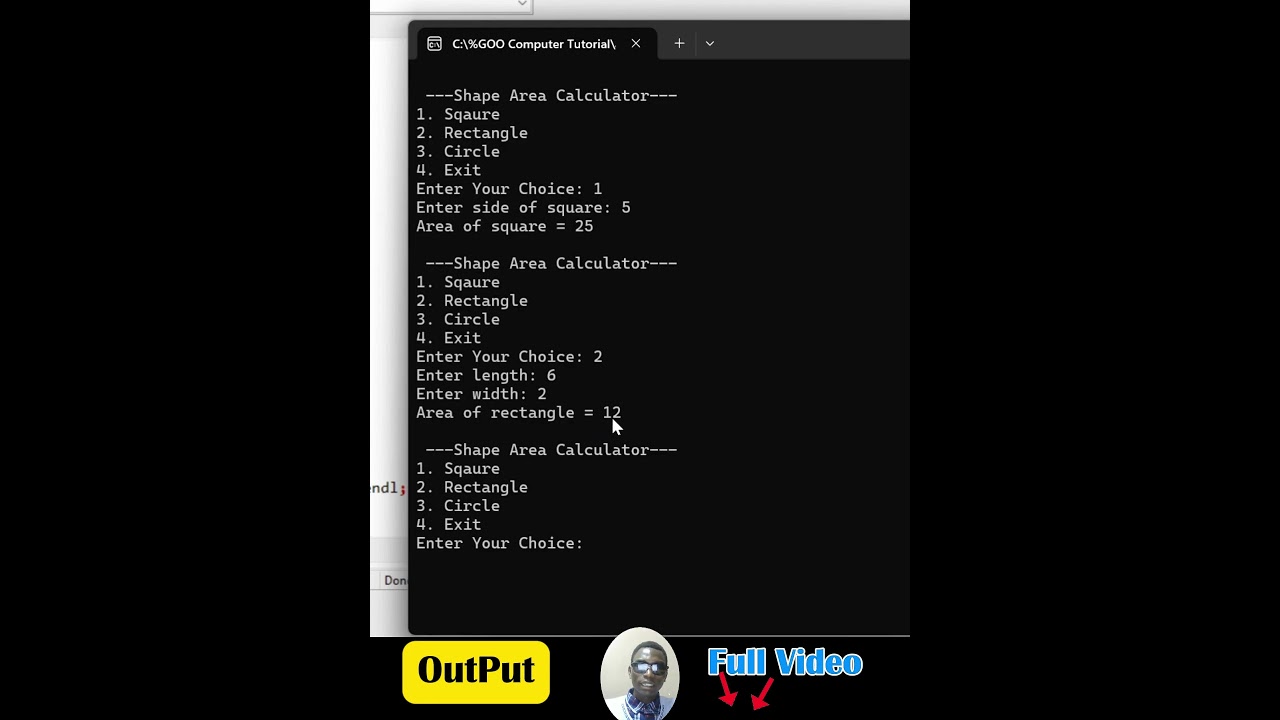 C++ Complete Project: Output of Area Calculator for Different Shapes(Square, Rectangle, Circle)