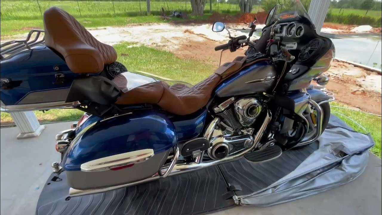2019 Kawasaki Voyager 1700 with wrapped pipes and Clearview windshield upgrade.