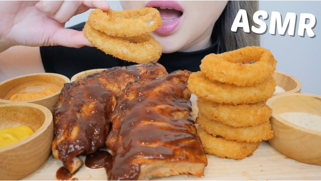 FULL Baby Back Ribs with Crispy Fried Onion Rings and 5 Sauces *ASMR No Talking Eating Sounds | N.E