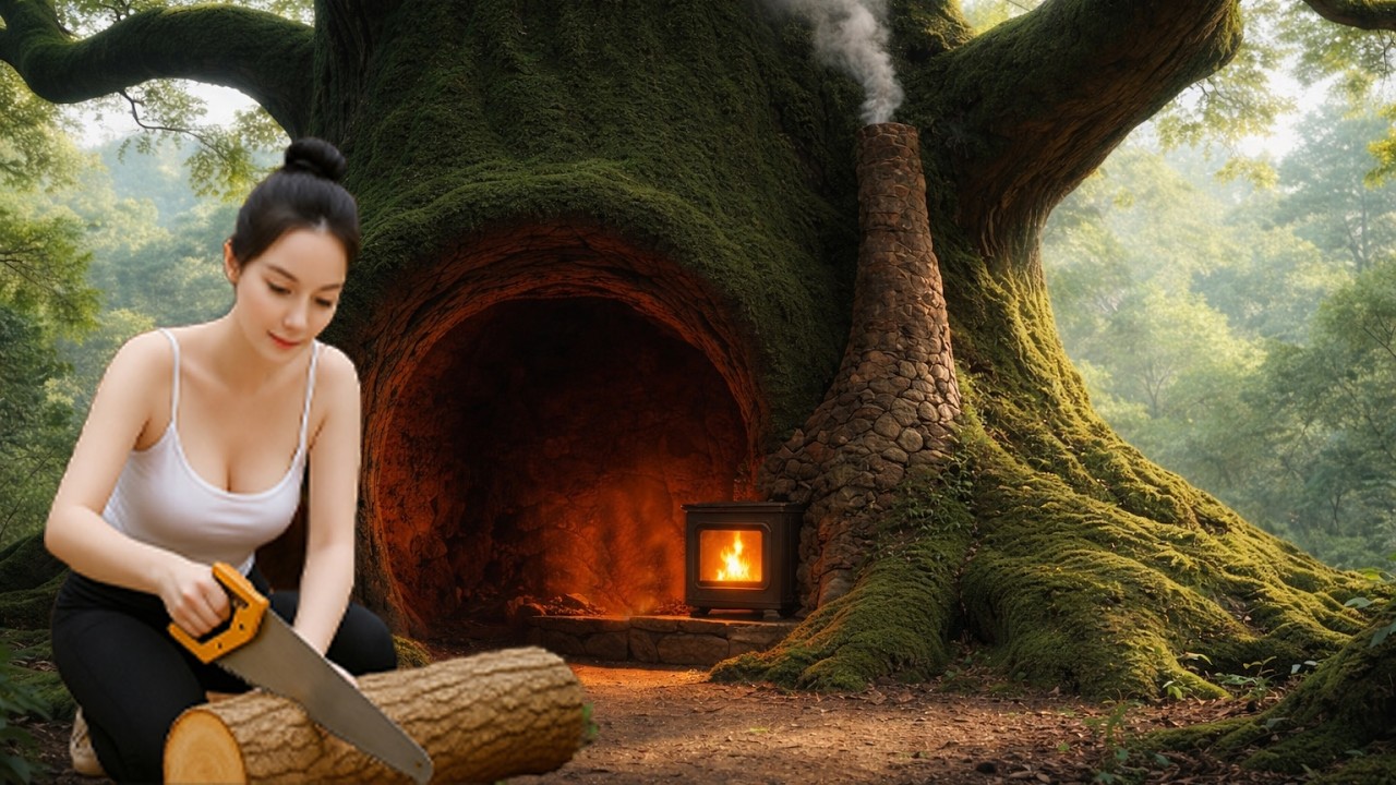 Build a bushcraft shelter in a tree trunk with a warm clay fireplace, a secret hideout for survival