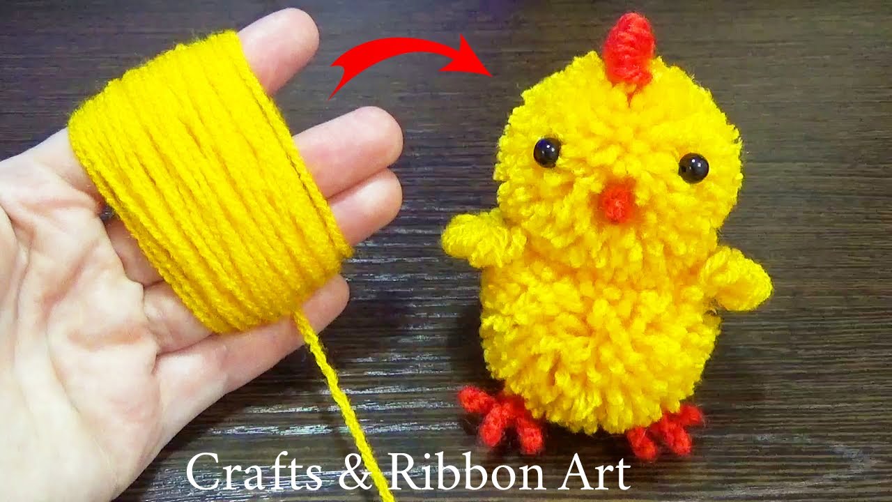 Super Easy Pom Pom Chicken Making Idea with Fingers - DIY Pom Pom Chick - How to Make Yarn Chickens