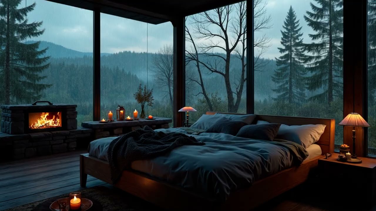 Rainy Mountain Glass Cabin | Soft Piano and Fireplace Glow for Deep Night Sleep