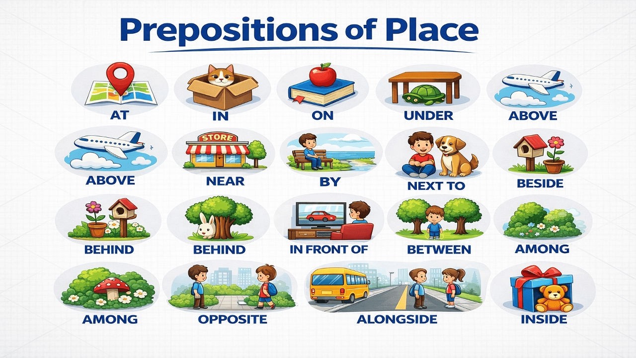 52 Prepositions of Place & Position Words Concept in English | Prepositions of Place in English