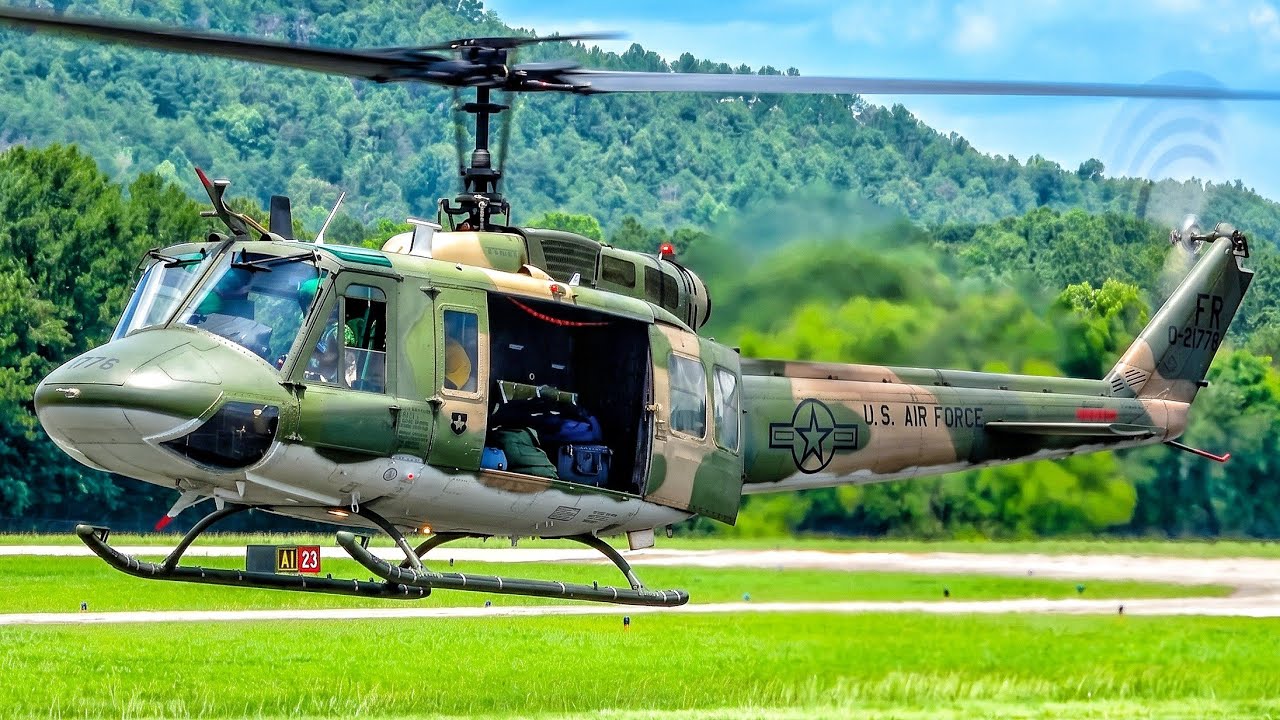 USAF TH-1H Huey Helicopters | 4 Aircraft Arrive & Depart Up Close