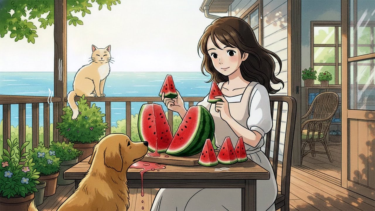 Slicing Watermelon by the Ocean 🌊🍉 | Cozy Ghibli-Inspired Summer ASMR | Relaxing Slice of Life
