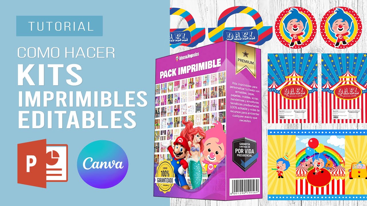 Como hacer KITS IMPRIMIBLES EDITABLES para FIESTAS INFANTILES cumplea&ntilde;os en canva y powerpoint
