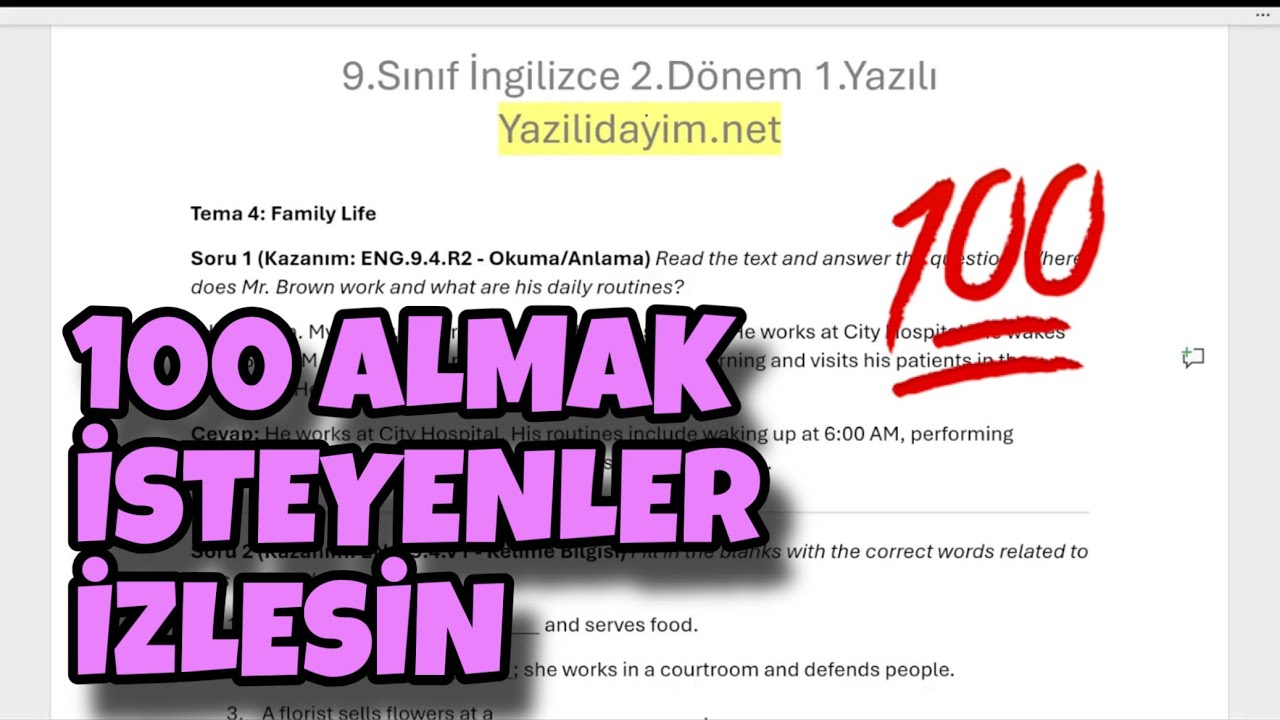 9.Sınıf İngilizce 2.Dönem 1.Yazılı