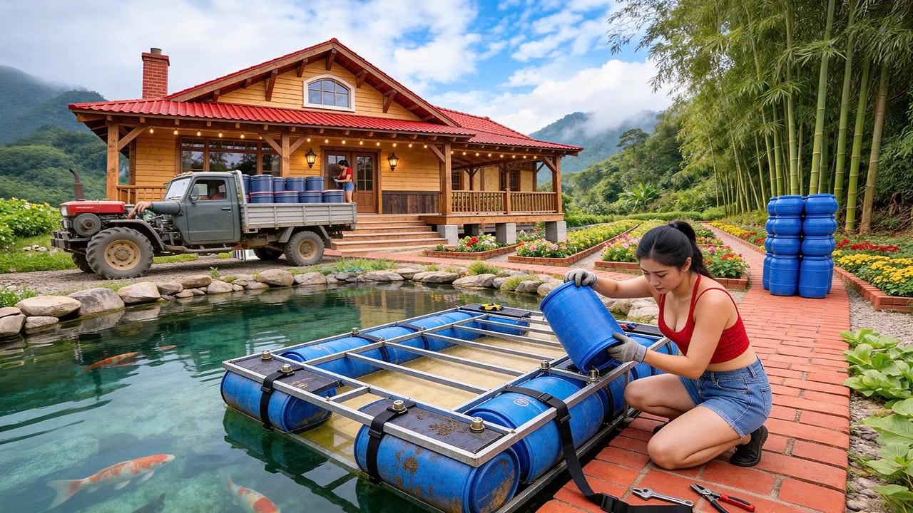 Transporting Dozens of Drums by Farm Truck - Connecting Iron Bars to Build a Floating House