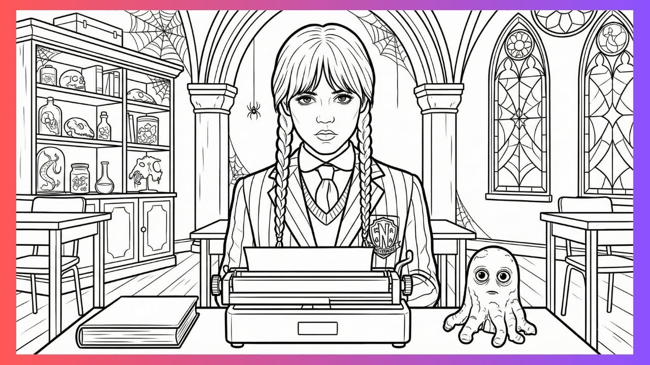Wednesday Coloring 🖤🖋️ | Gothic Study Scene | Satisfying Coloring Video