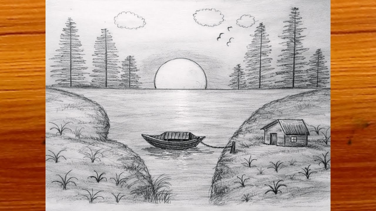Beautiful Pencil Drawing Scenery || Easy River, Boat & Sunset Landscape Drawing for Beginners
