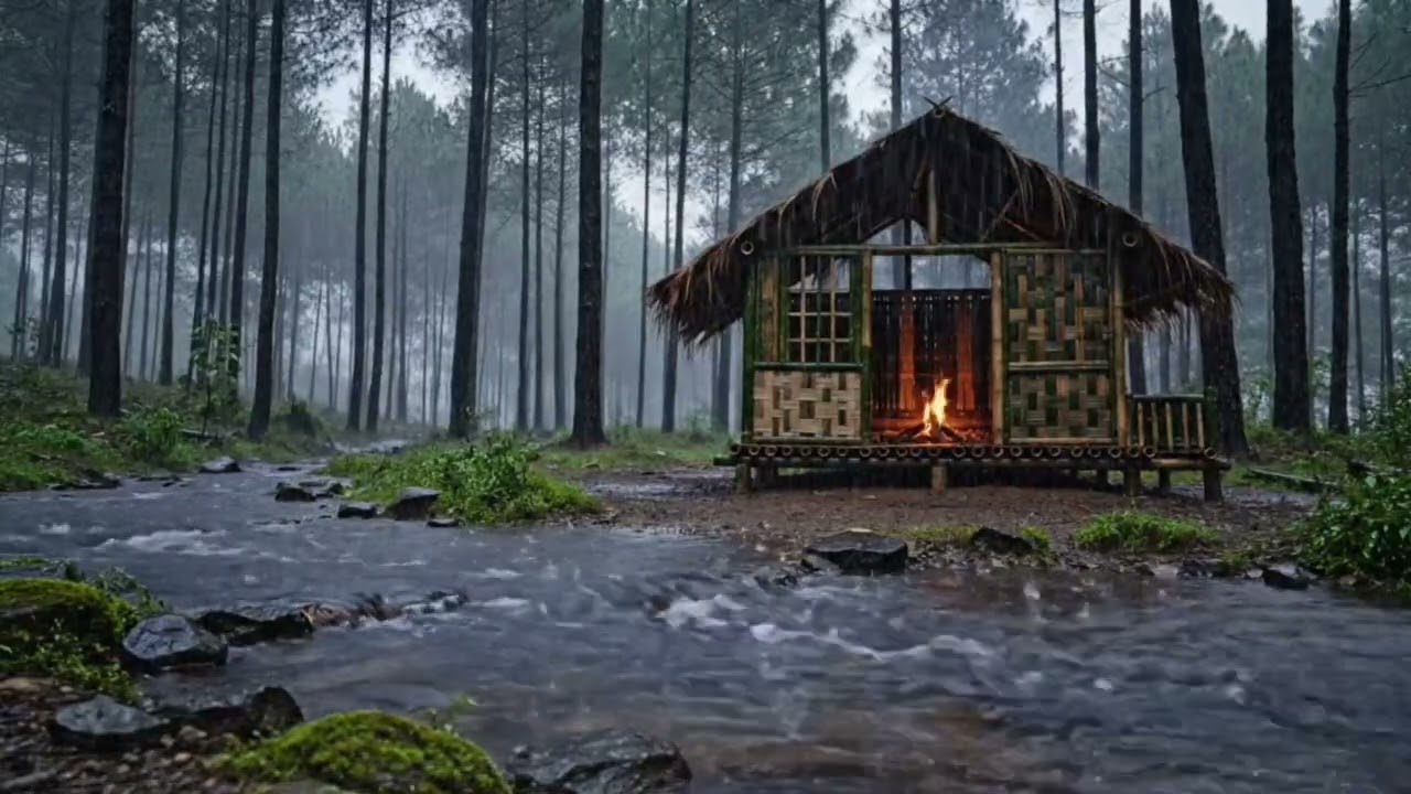 Cozy Rainy Forest Cabin Ambience with Crackling Fire by the River for Deep Sleep and Relaxation