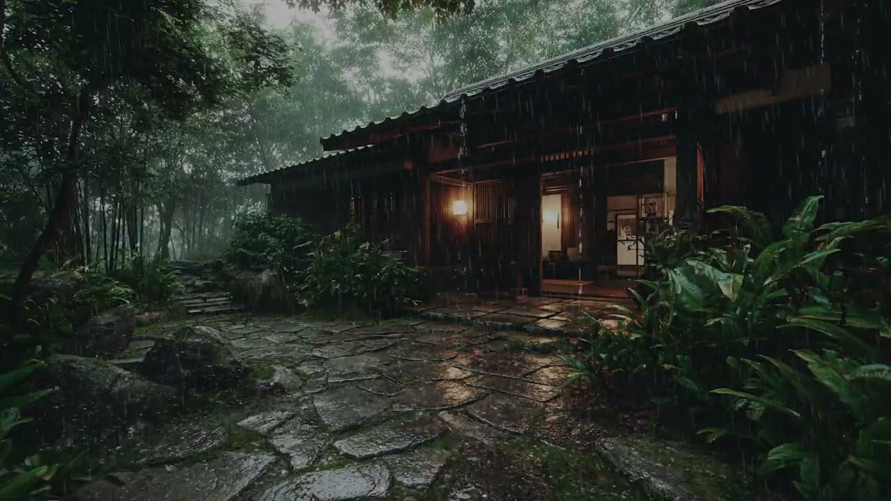 Thunderous Monsoon Rain Surrounding A Lonely Cabin Deep In Tropical Forest At Night