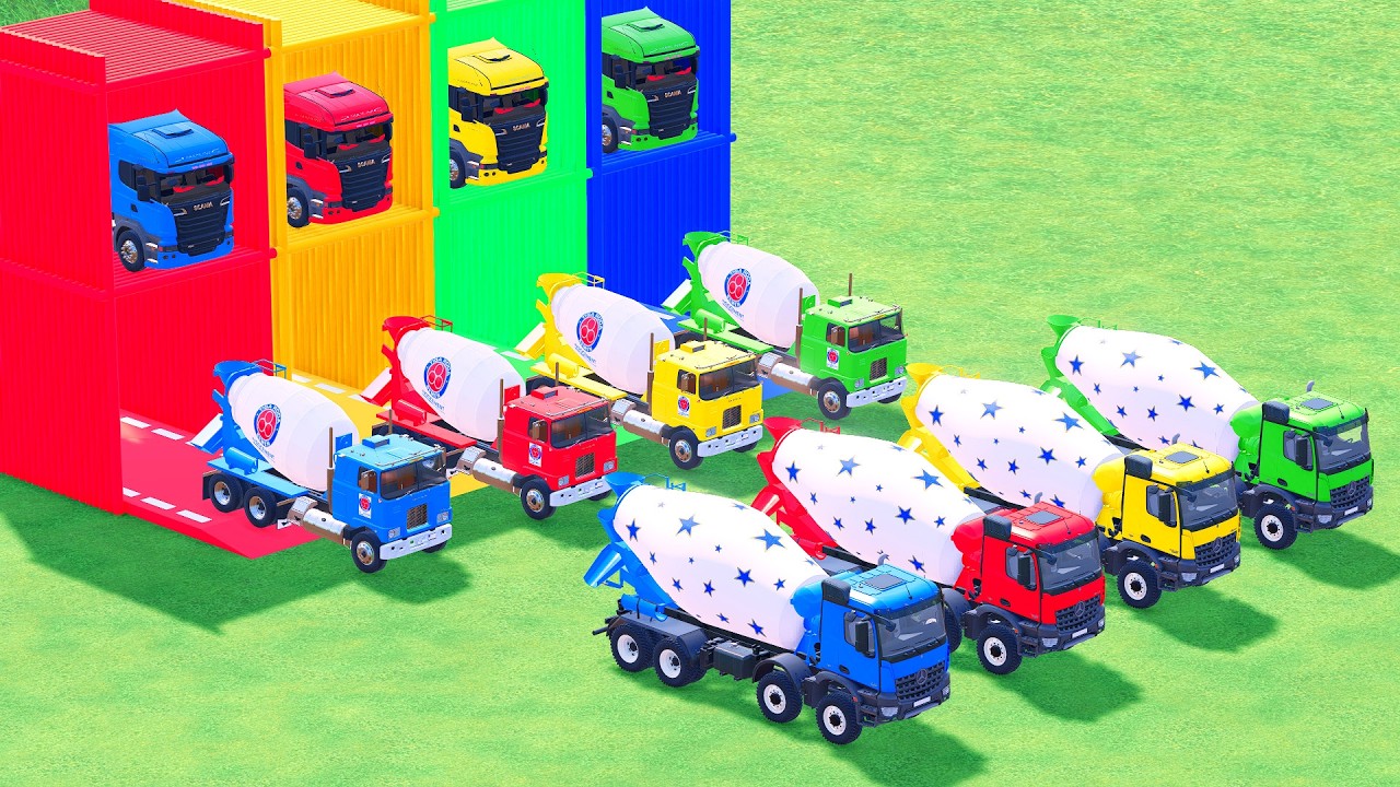 Garage with Colors - ALL MIXER TRUCK WITH DOUBLE FLATBED TRAILER TRUCK, MERCEDES, SCANIA, CAT, MAN