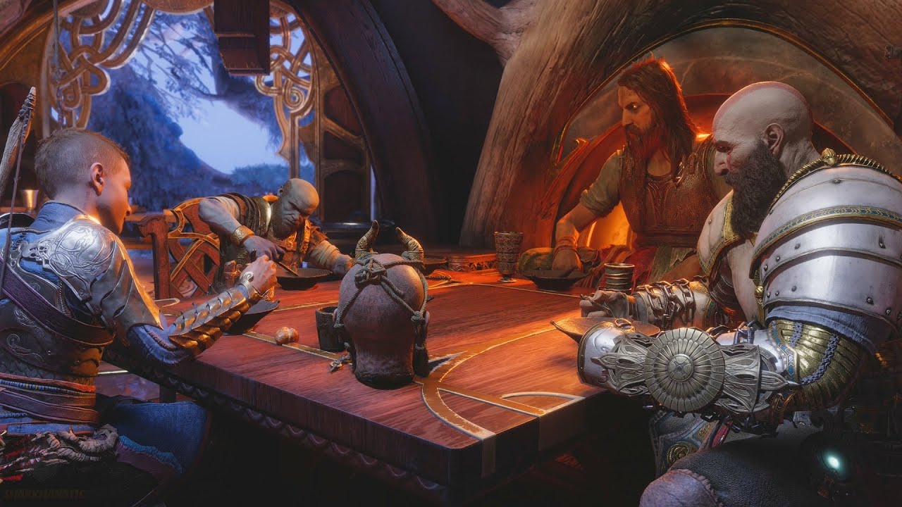 Kratos, Atreus, Brok, Sindri & Tyr Eating Sausages Together Scene - God of War: Ragnarök