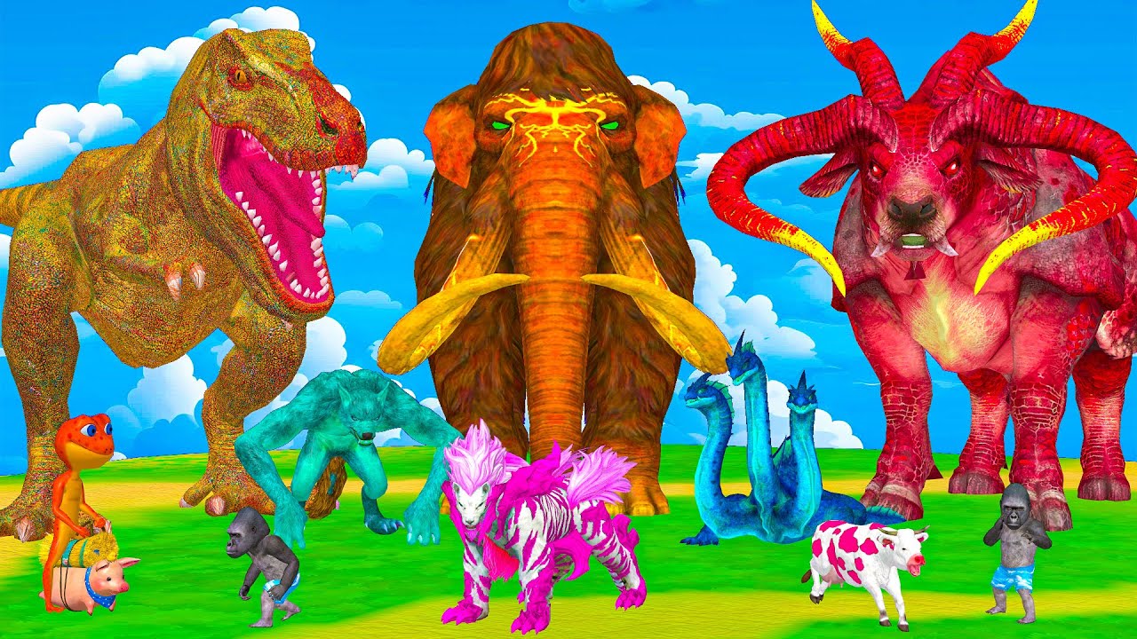 5 Giant Mammoth Elephant Cow vs 5 Giant Lion Tiger vs Hybrid Tiger Rhino Zebra Saved By Wolly Mammot