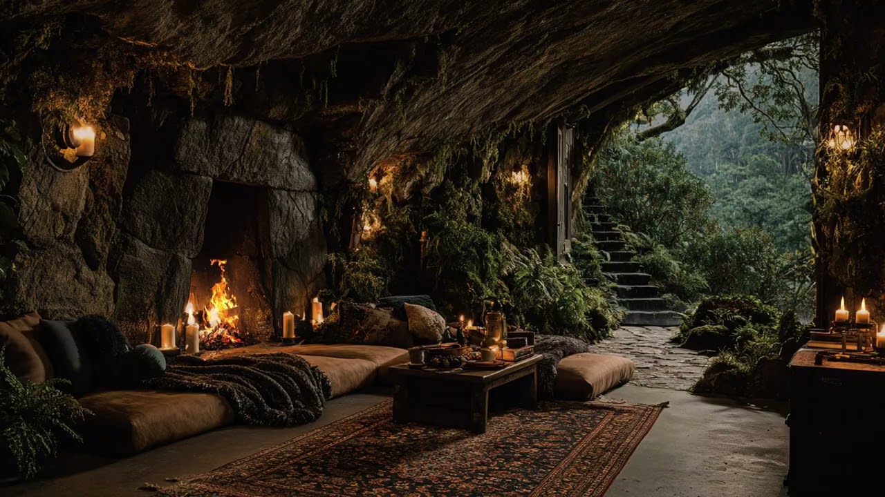 Midnight Rain Echoes Deep Within a Hidden Jungle Cave | Rolling Thunder & Warm Campfire Glow
