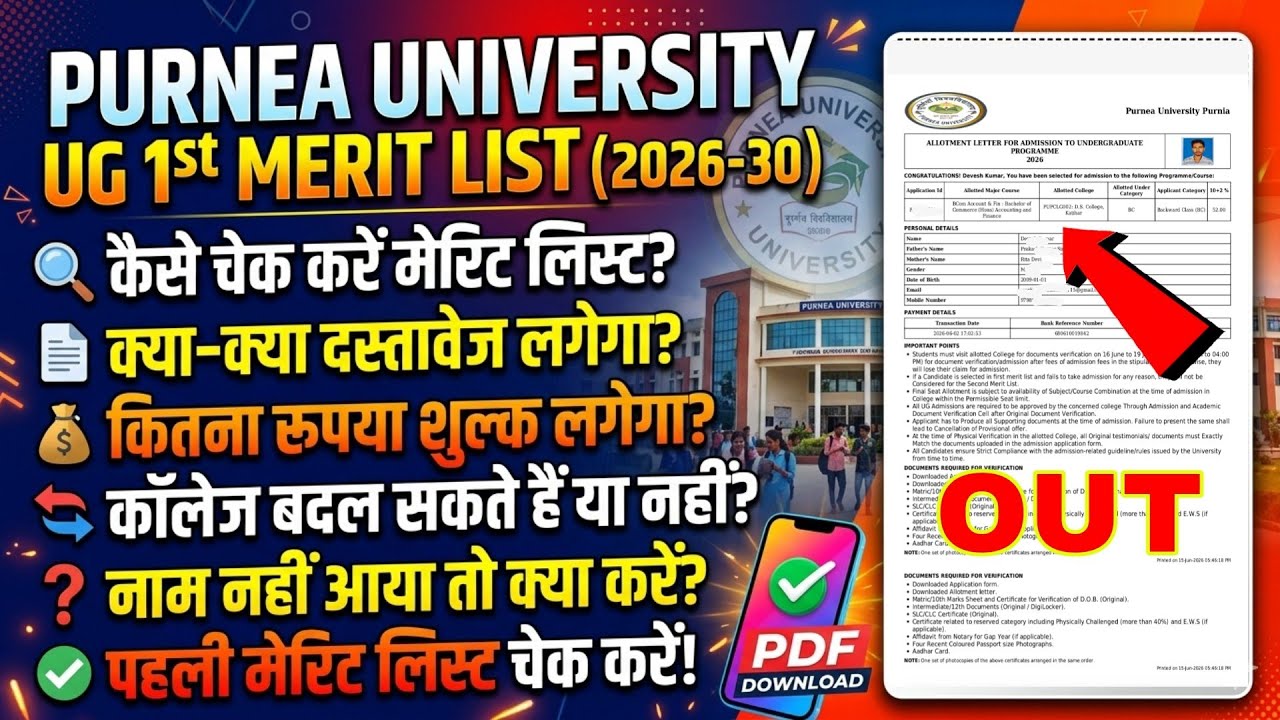 Purnia University UG first merit list 2026 Kaise Dekhen | Purnia University 1st merit list 2026-30
