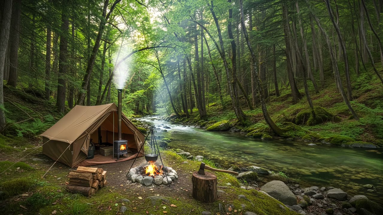 4K The Sound of Solitude: Riverside Campfire & Morning Birds in the Wild 🌲🔥