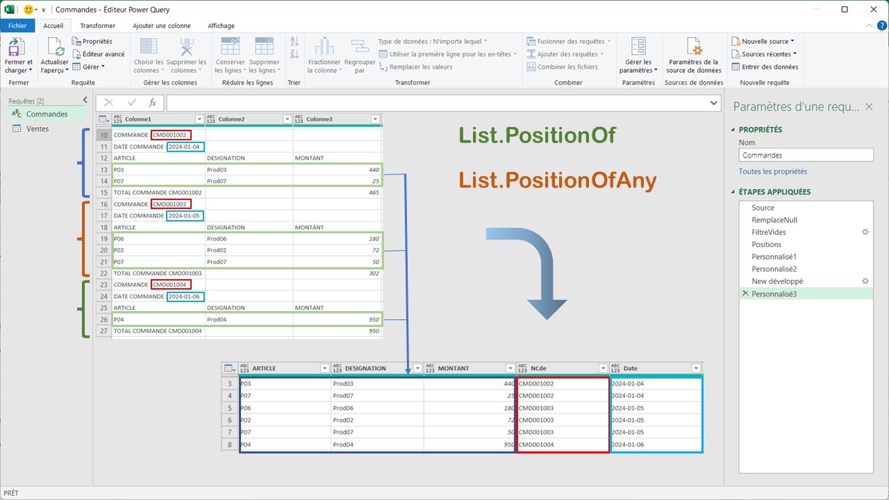 Excel -PowerQuery- Structurer les données avec les positions List.PositionOF, List.PositionOfAny