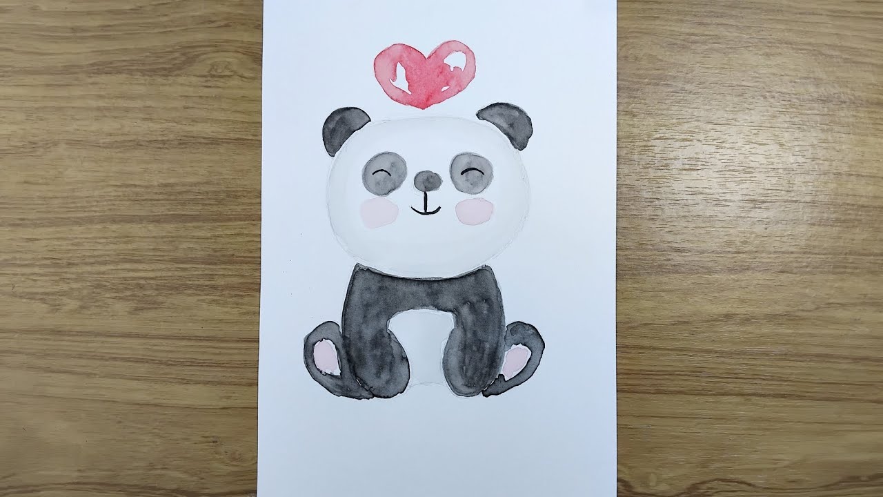 Cute panda painting with watercolor on paper step by step 