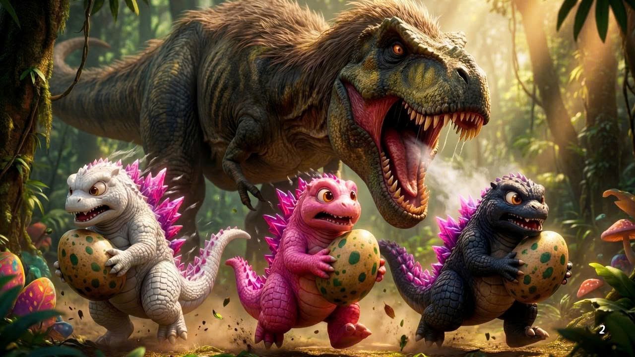 Three Godzilla Brothers Lost in the Jurassic Era| Stealing T-Rex Eggs & Defending the Ancient Valley