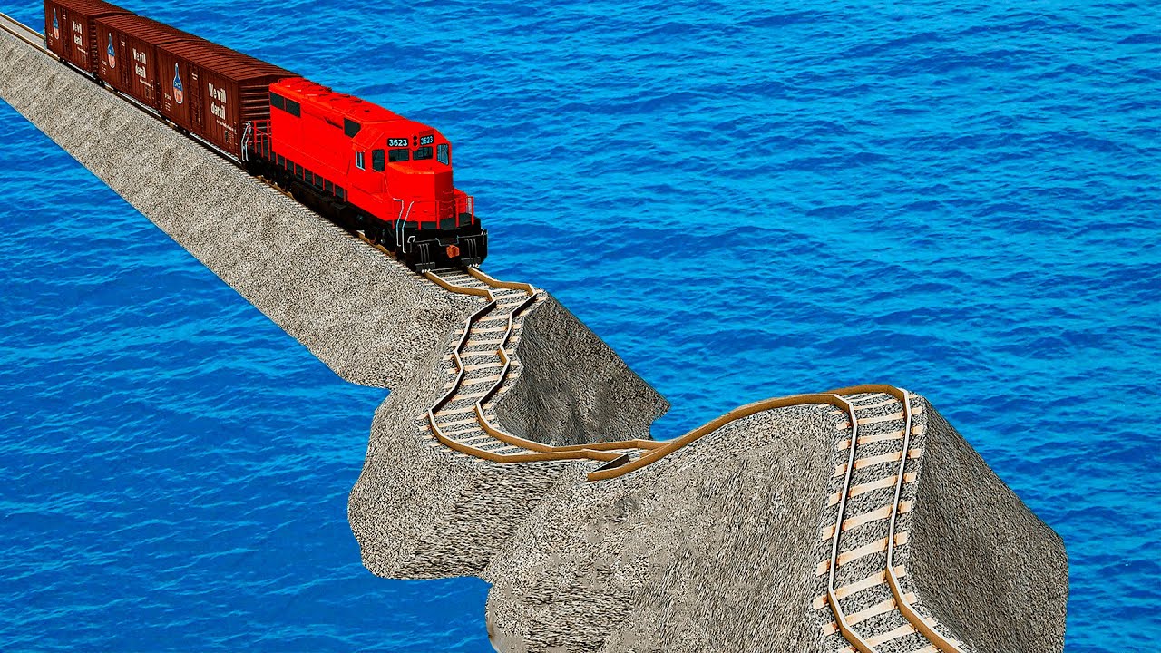 Quadruple Colorful Trains vs Mistake Impossible Weird Rail Track Crossing Deepwater | BeamNG.drive