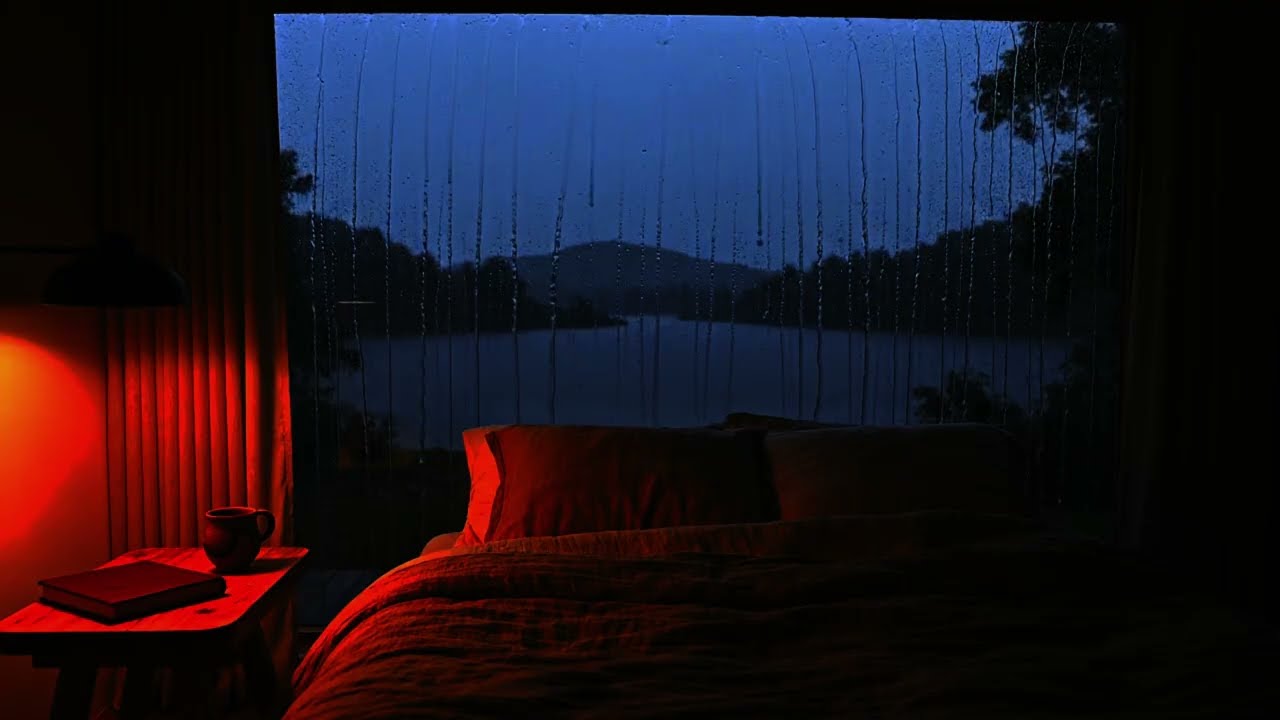 Relaxing Rain Sound, Lakeside Cabin Bedroom at Night for Calm Sleep and Deep Relaxation