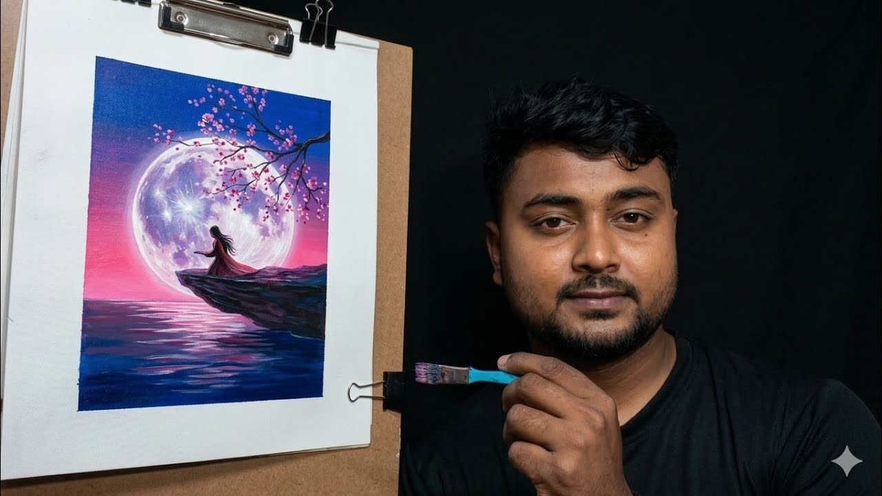 ASMR Beautiful moonlight scenery drawing 🖌️🎨