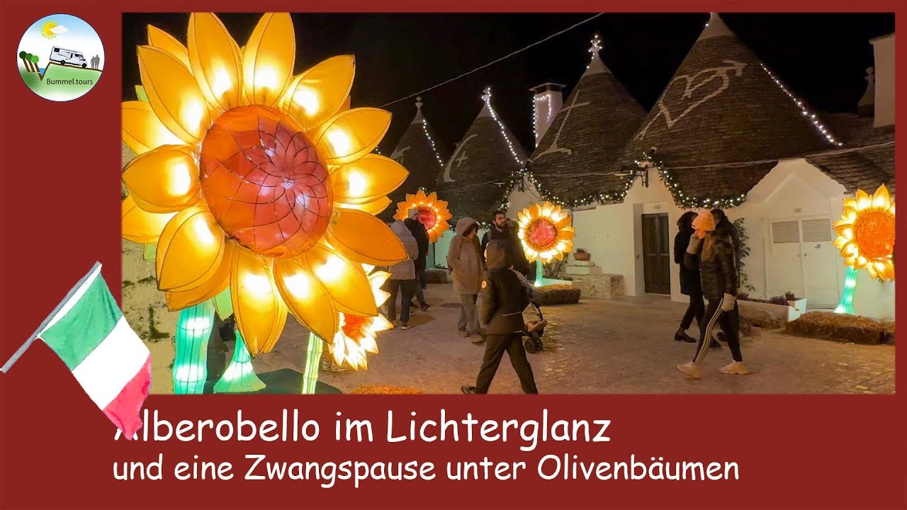 Alberobello im Lichterglanz und eine Zwangspause unter Olivenbäumen