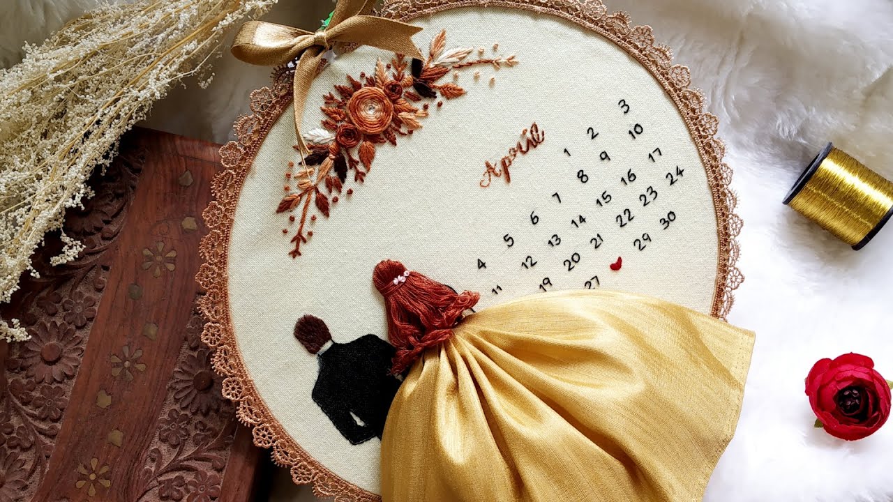 Couple Hoop Art | Bride and Groom Embroidery Design | Calendar Hoop Embroidery